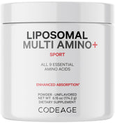 Codeage Liposomal Multi Amino powder bottle, vegan and non-GMO, for athletes.