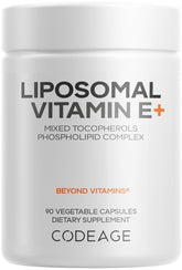 Codeage Liposomal Vitamin E bottle close-up with liposomal delivery for enhanced absorption