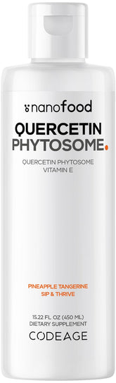 Codeage Liquid Quercetin Phytosome bottle being poured for daily immune support.