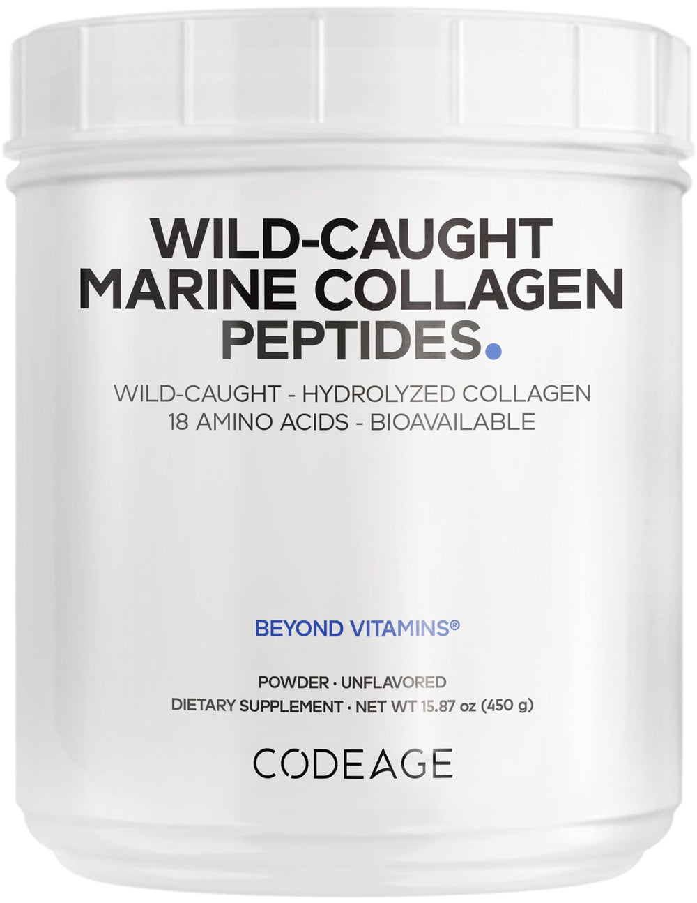 Codeage Marine Collagen bottle front view for daily skin and nail support.