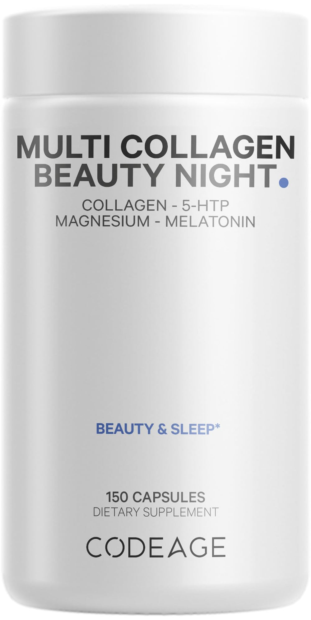 Codeage Multi Collagen Beauty Night bottle front highlighting five collagen sources for skin support.