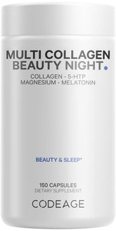 Codeage Multi Collagen Beauty Night bottle front highlighting five collagen sources for skin support.