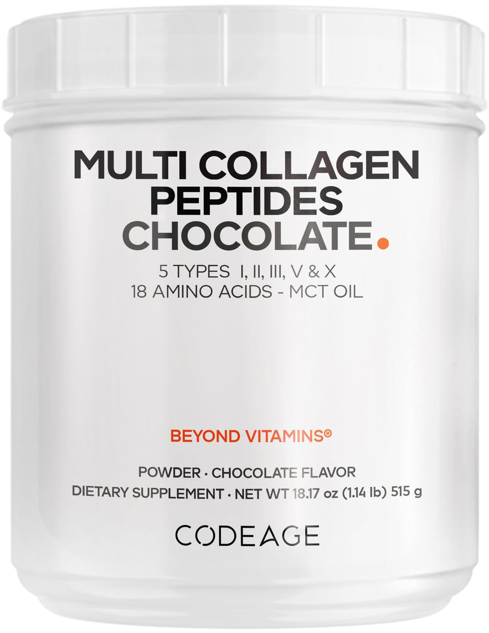 Codeage Multi Collagen Chocolate bottle showing a five-type blend for daily use