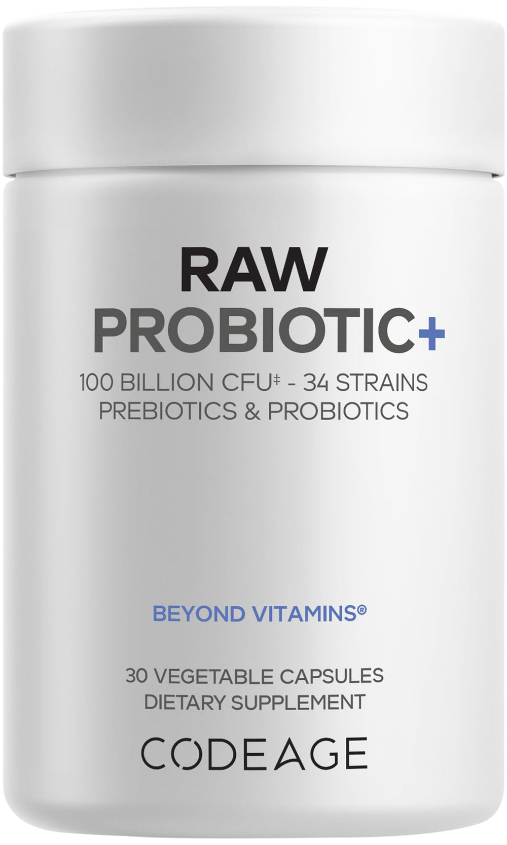 Codeage Raw Probiotic+ bottle front for daily digestive balance