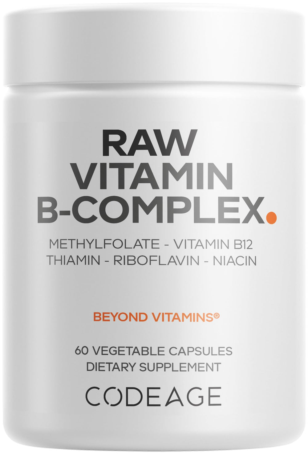 Codeage Raw Vitamin B-Complex bottle and capsules for daily energy support.