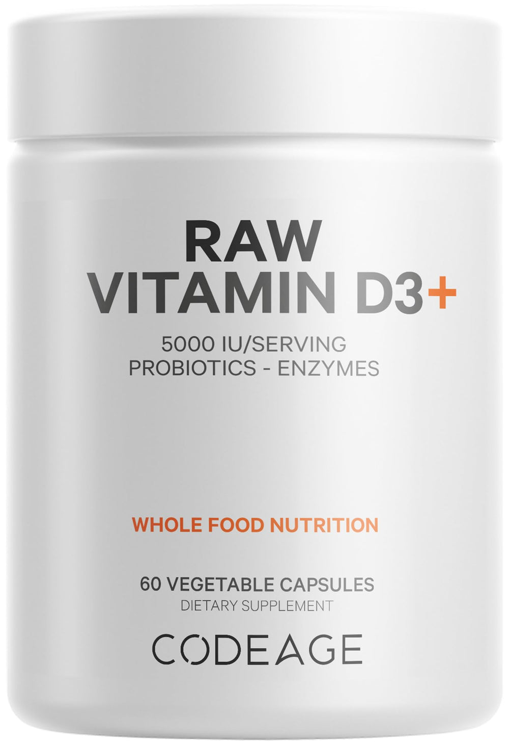 Codeage Raw Vitamin D3+ bottle front shows high-potency D3 for daily use