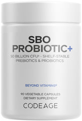 Codeage SBO Probiotic bottle shows 50B CFUs per serving for daily support.