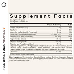 Codeage Teen Brain Focus bottle back highlights ingredients and teen-friendly benefits.