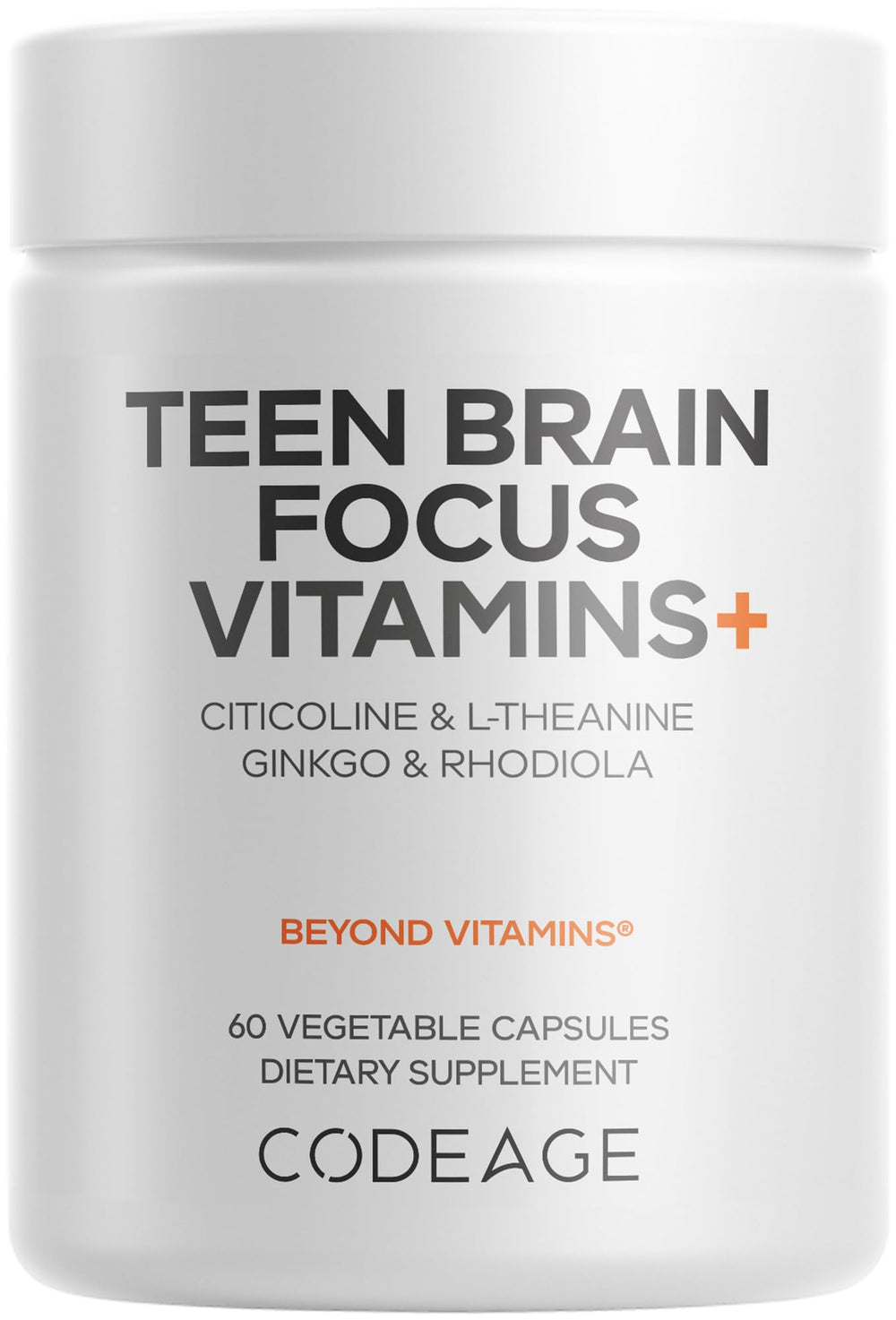Codeage Teen Brain Focus bottle front supports daily teen focus during homework.