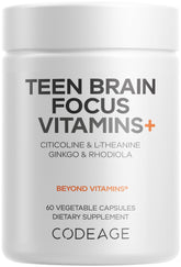 Codeage Teen Brain Focus bottle front supports daily teen focus during homework.
