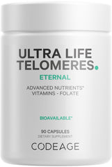 Codeage Ultra Life Telomeres packaging front, premium bottle for daily supplementation supporting vitality