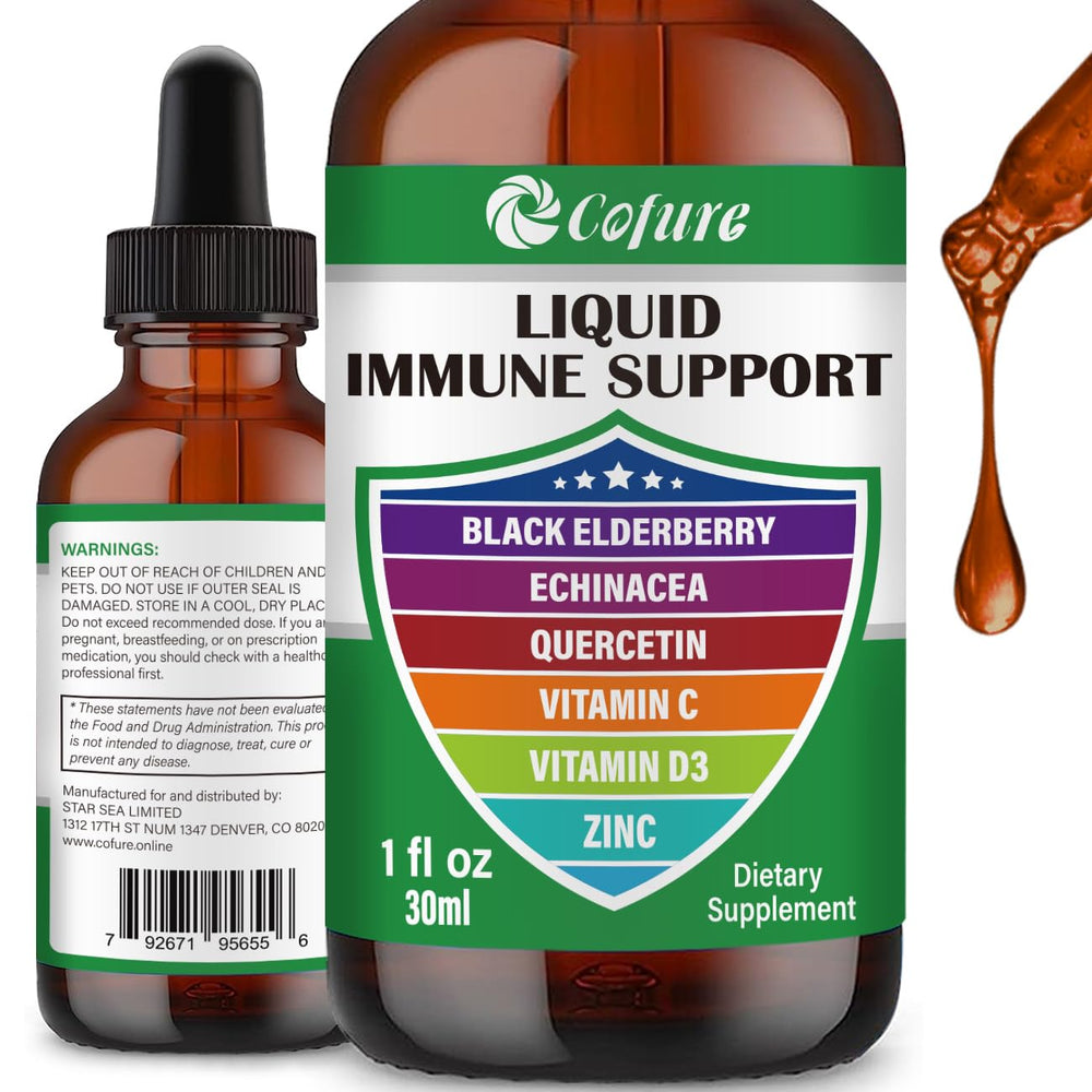 Cofure immune-support liquid dropper for precise dosing and vegan-friendly formula.