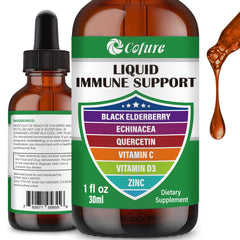 Cofure immune-support liquid dropper for precise dosing and vegan-friendly formula.