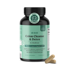 ColonBroom bottle pour demonstrates easy daily dose for digestion support.