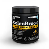 ColonBroom strawberry powder tub showing daily fiber option for gentle digestion.