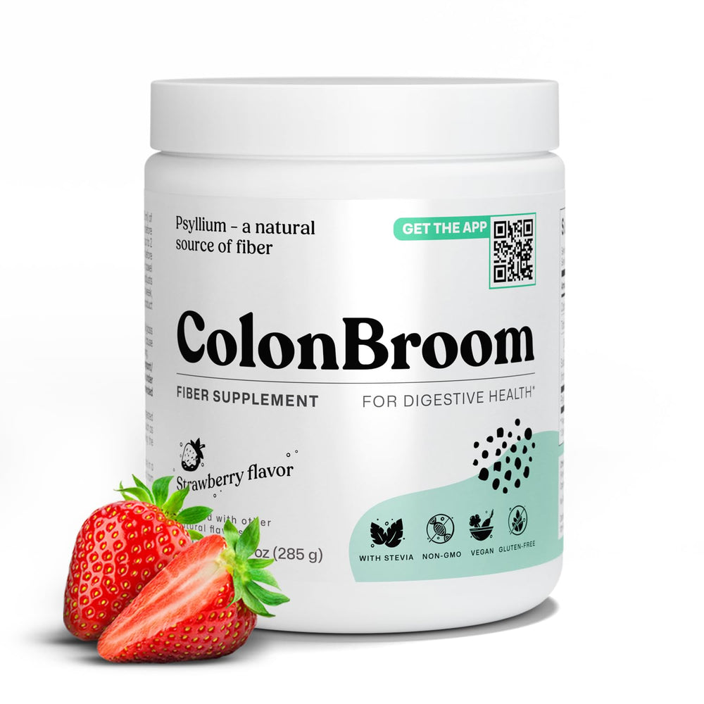 ColonBroom Strawberry psyllium powder bottle pour for gentle gut support