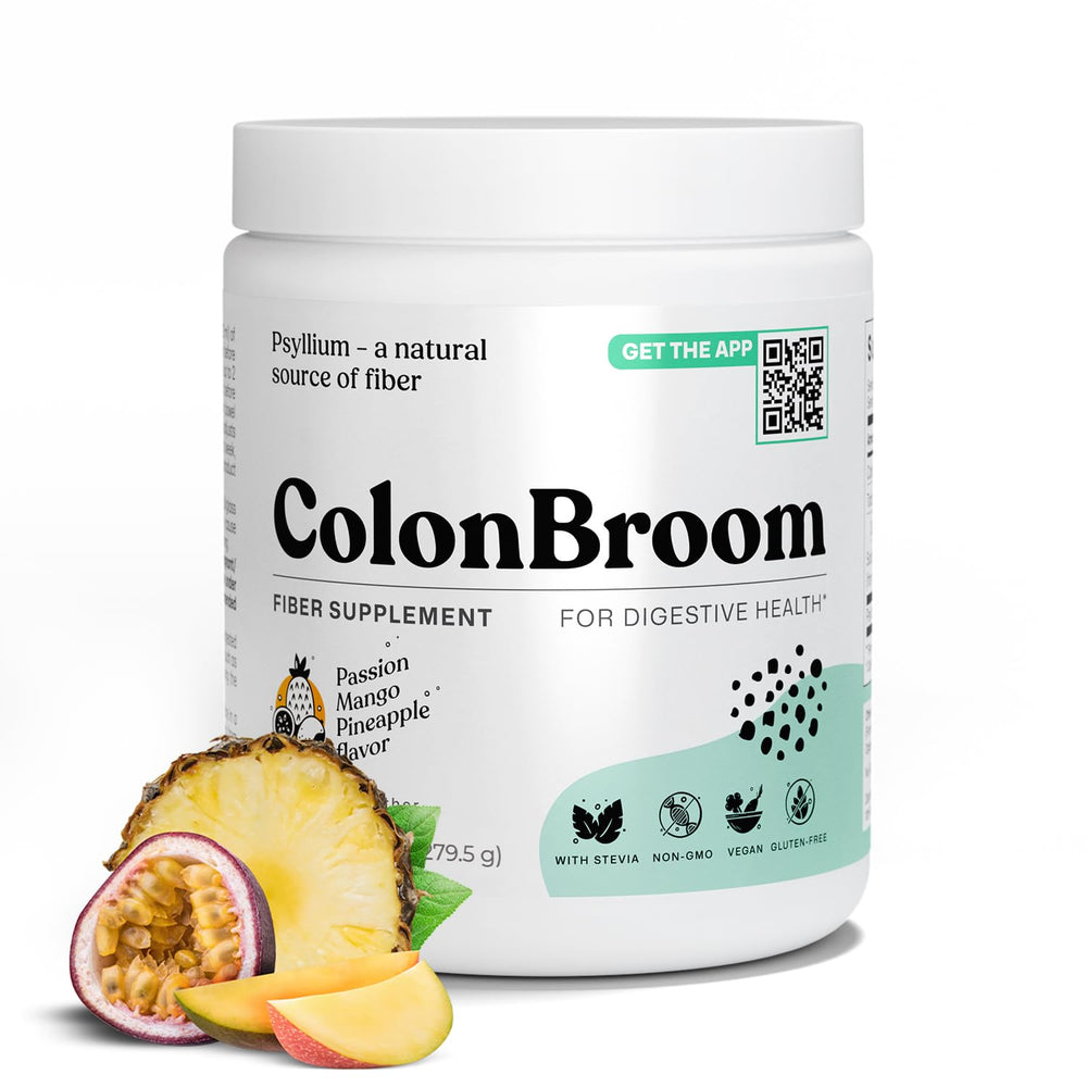 ColonBroom tropical fruits powder pours into a glass for a fiber boost