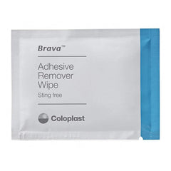 Coloplast Brava Adhesive Remover Wipes close-up highlights gentle silicone-based formula.