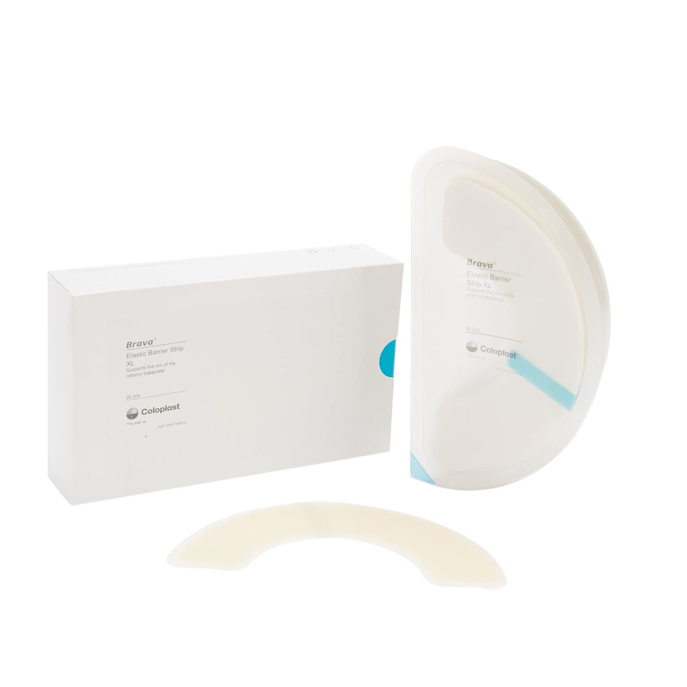 Coloplast Brava Elastic Barrier Strip XL closeup shows elastic adhesive for secure baseplate adhesion.