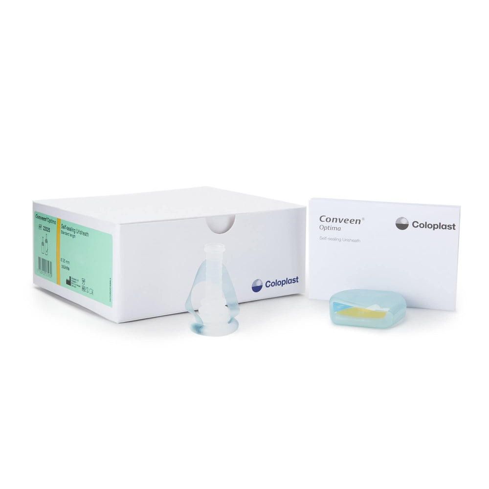 Coloplast Conveen Optima PSX packaging shows 30-box, discreet daily use.