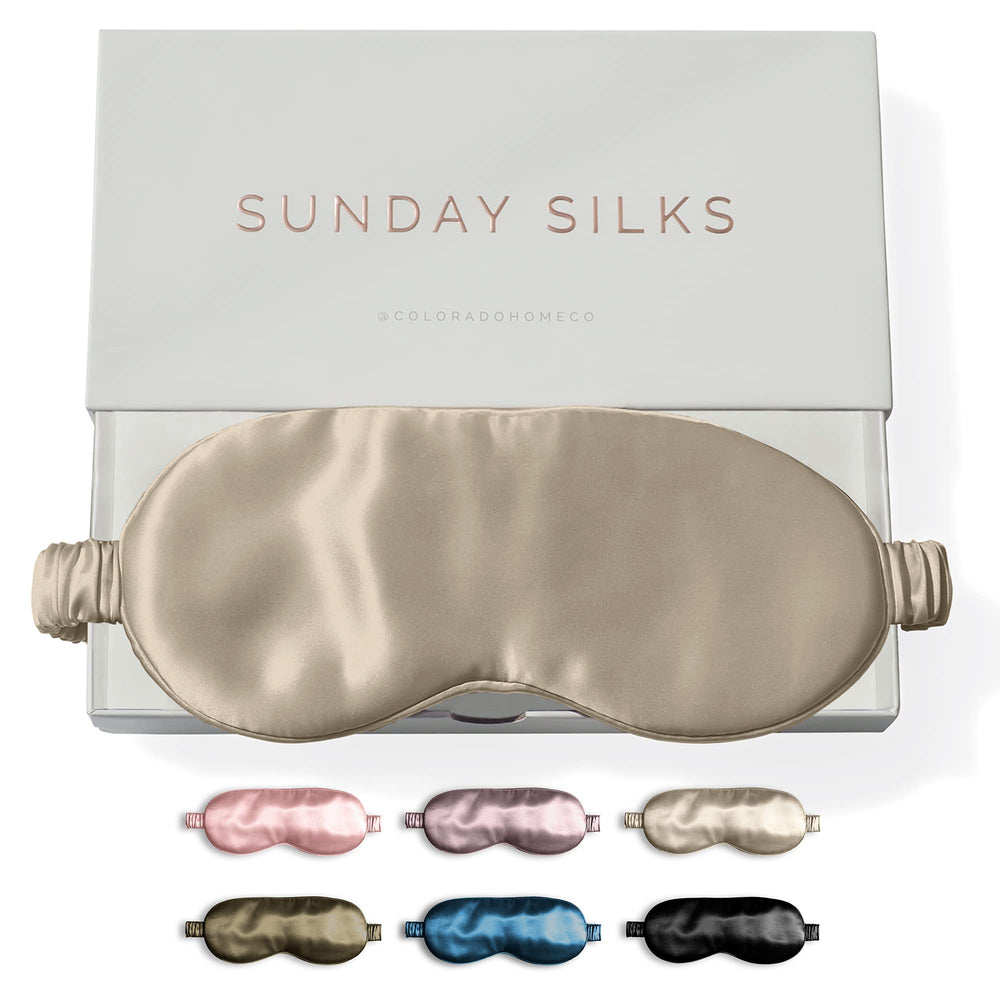 Colorado Home Co SUNDAYSILKS mulberry silk sleep mask closeup for luxurious softness and gentle blackout.
