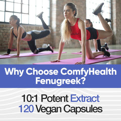 Close-up of COMFY HEALTH Fenugreek capsules showing 2410mg potency.