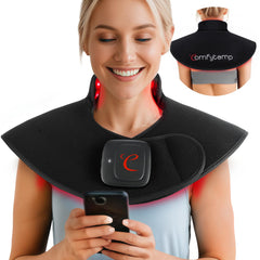 Comfytemp cordless red-light wrap worn on neck and shoulders for targeted relief.
