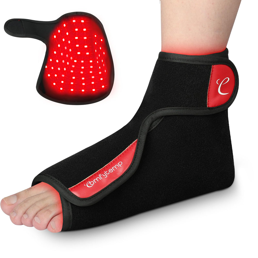 Comfytemp foot wrap close-up showing red light for home therapy