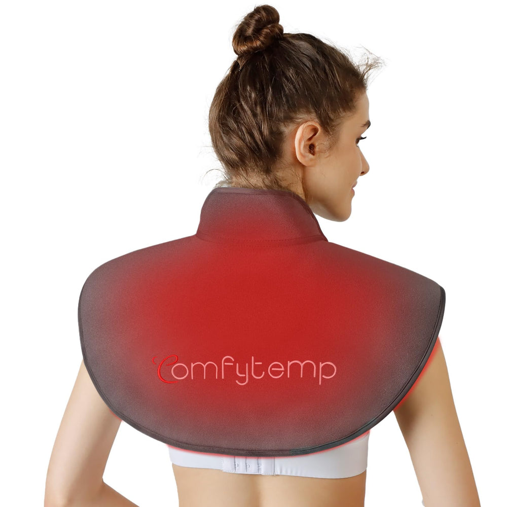 Comfytemp Red Light Therapy Wrap targeting neck and shoulders for at-home warmth.