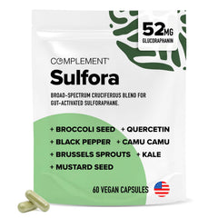 Complement Sulfora bottle pour showing easy daily dosing and detox support