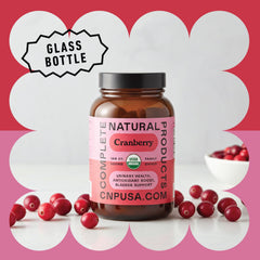 Complete Natural Cranberry Capsules sugar-free label highlights organic ingredients