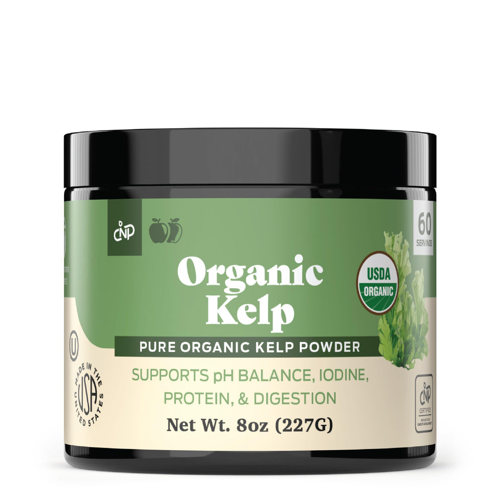 Complete Natural Organic Kelp Powder 8oz bottle shows iodine-rich seaweed for metabolism support.