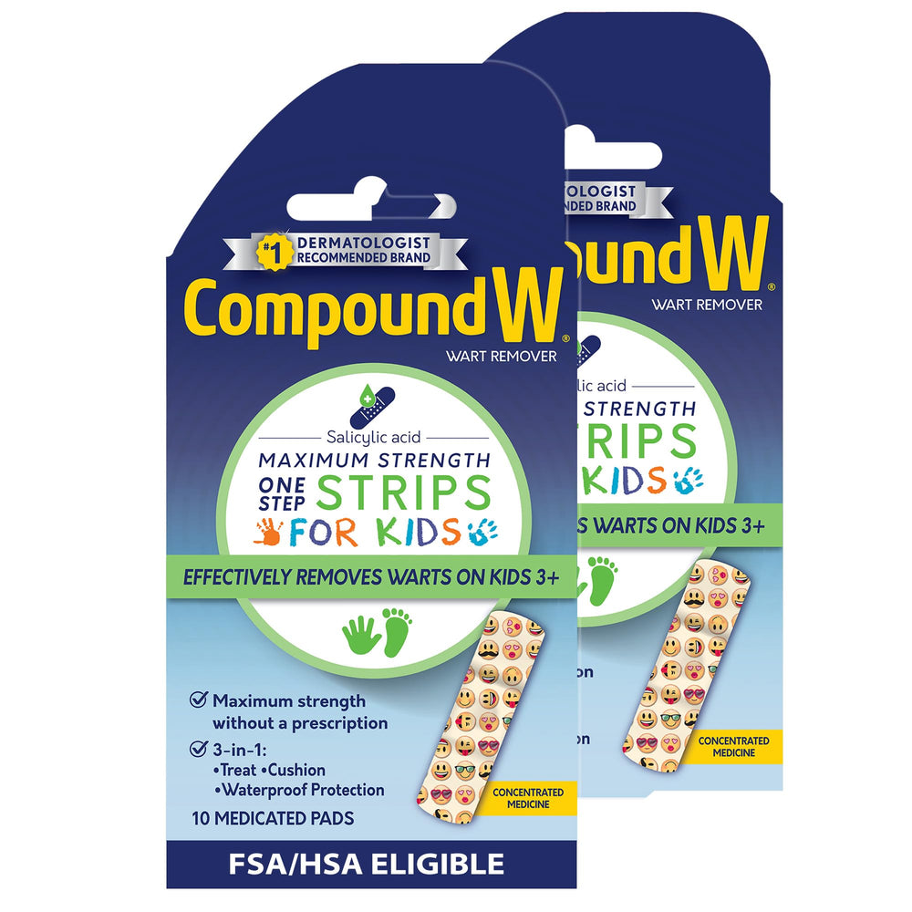 Compound W Kids One Step Strips front pack shows kid-friendly wart care