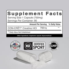 CON-CRET Creatine HCl capsules bottle side showing compact travel-friendly design