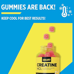 Berry Zing CON-CRET gummies close-up showing easy-to-chew format for workouts.