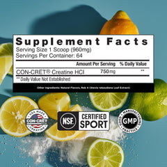 CON-CRET Creatine HCl powder dissolving in water for quick consumption.