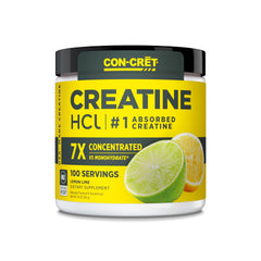 CON-CRET Creatine HCl powder label close-up, premium USA-made formula.