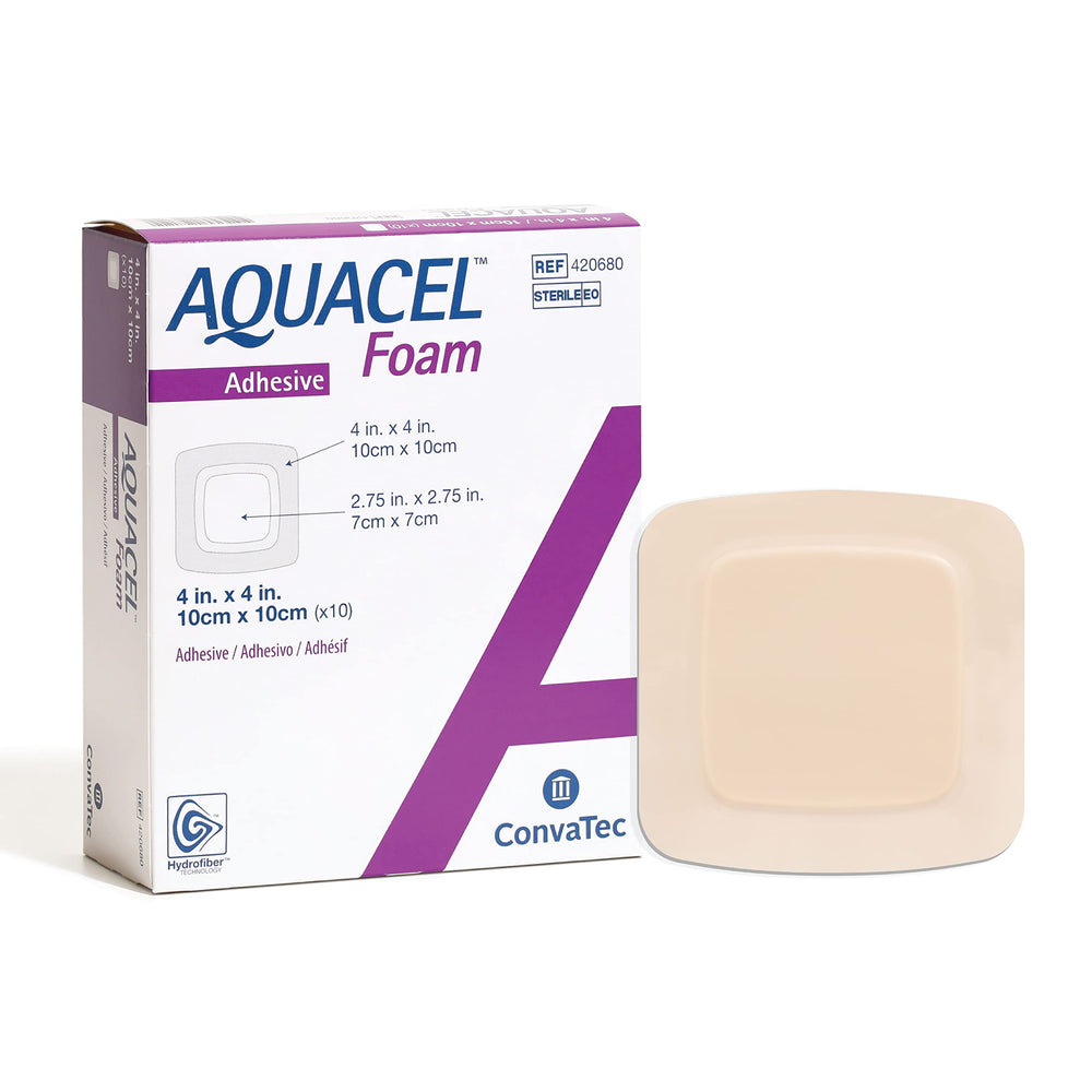 ConvaTec AQUACEL Foam 4x4 dressing box, sterile packaging for reliable wound care.