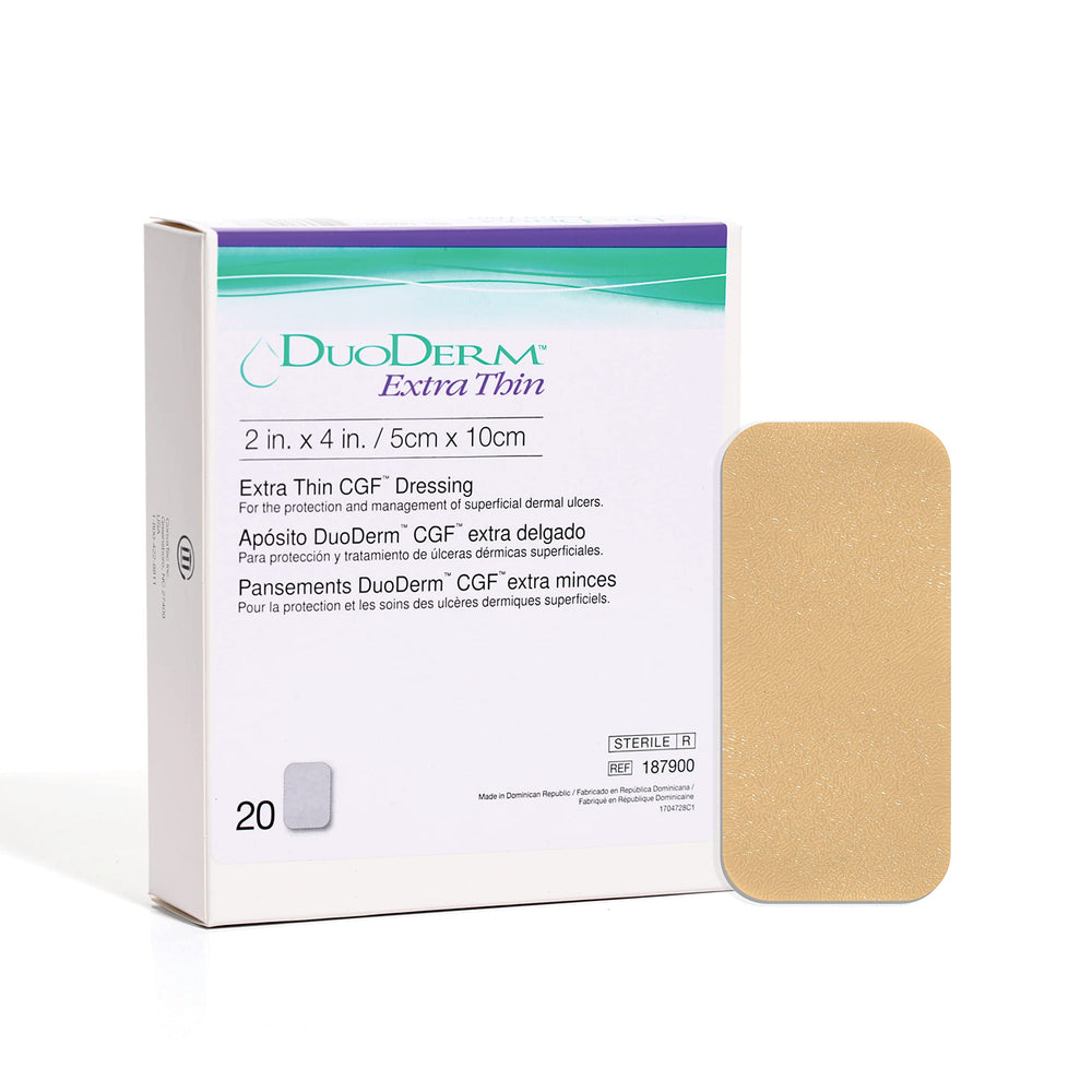 ConvaTec DuoDERM extra-thin 2x4 rectangle dressing for discreet wound coverage.