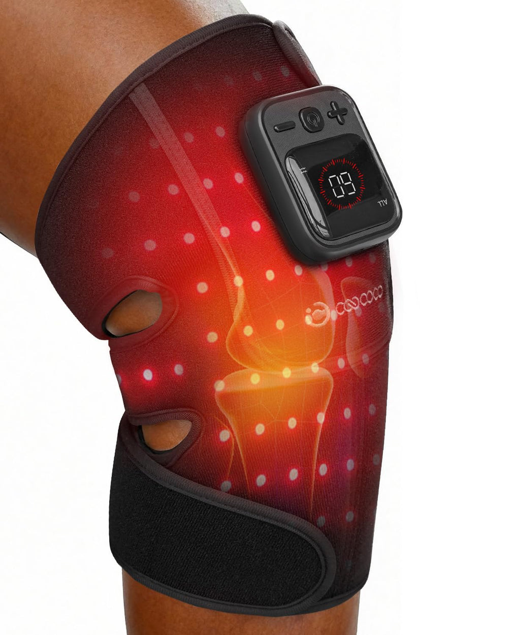 CooCoCo knee massager with 70-bead coverage for full knee illumination and targeted comfort