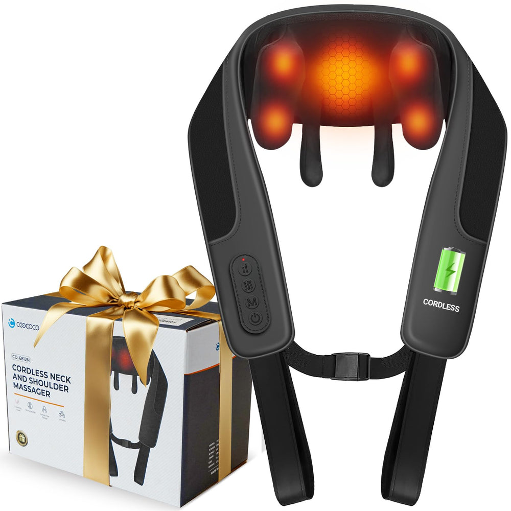 CooCoCo Shiatsu neck massager worn as a strap-on for on-the-go relief