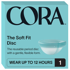 Cora menstrual disc packaging highlighting reusable design and comfort.