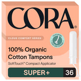 Cora Organic Tampons 36-Pack Super Plus absorbency for heavy flow comfort.