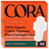 Cora overnight pads packaging showing the 48-count box for easy stocking