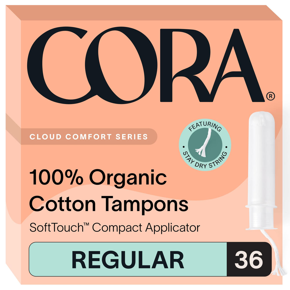 Cora regular tampons pack shot shows the 36-count box with the new look for reliable protection.