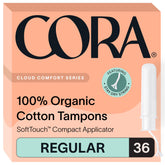 Cora regular tampons pack shot shows the 36-count box with the new look for reliable protection.