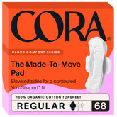 Cora topsheet pads pack shot highlighting 68-count convenience and dry comfort.