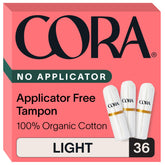 Cora organic non-applicator tampons with packaging, compact and eco-friendly.