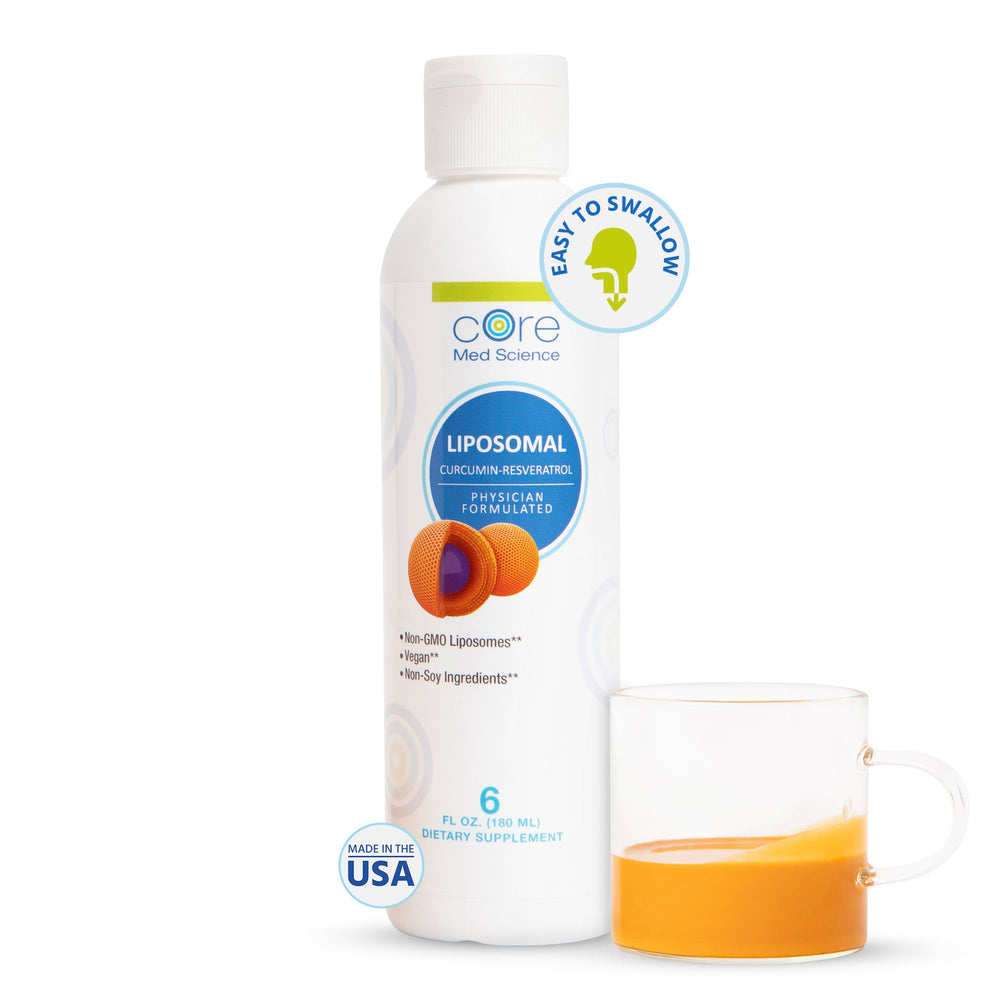 Core Med Science liposomal curcumin resveratrol bottle highlights high absorption and antioxidant support.