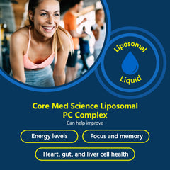 Core Med Science phosphatidylcholine bottle pour demonstrates convenient daily dosing for gut support.